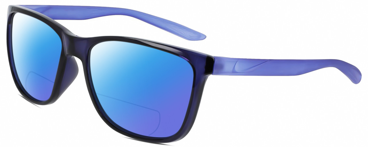 Profile View of NIKE Dawn-Ascent-556 Designer Polarized Reading Sunglasses with Custom Cut Powered Blue Mirror Lenses in Gloss Navy Blue Indigo Purple Crystal Unisex Panthos Full Rim Acetate 57 mm
