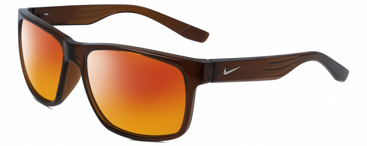 Profile View of NIKE Cruiser-EV0834-220 Designer Polarized Sunglasses with Custom Cut Red Mirror Lenses in Gloss Oak Brown Crystal Silver Unisex Rectangular Full Rim Acetate 59 mm