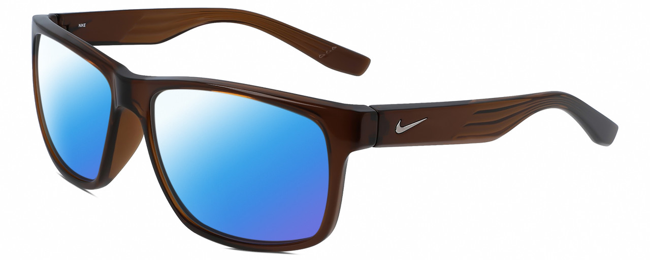 Profile View of NIKE Cruiser-EV0834-220 Designer Polarized Sunglasses with Custom Cut Blue Mirror Lenses in Gloss Oak Brown Crystal Silver Unisex Rectangular Full Rim Acetate 59 mm