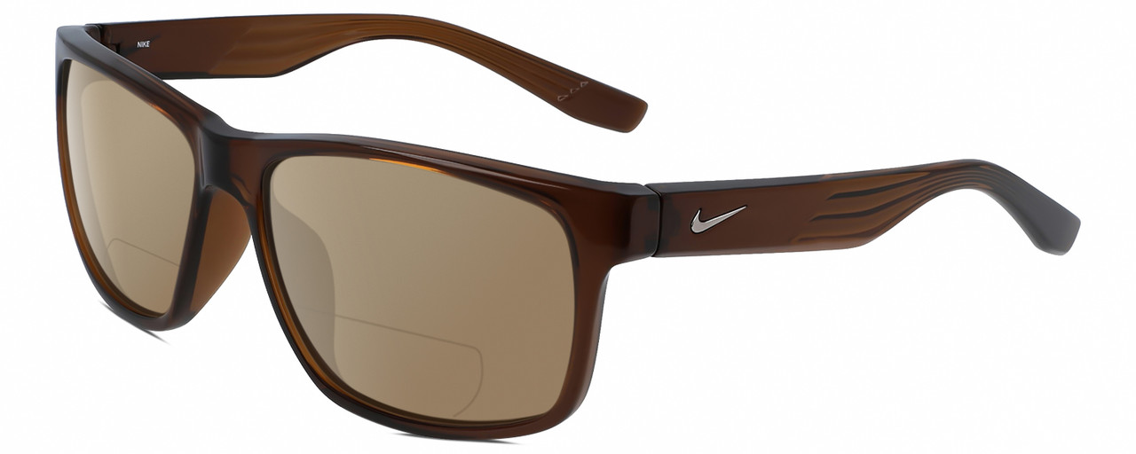 Profile View of NIKE Cruiser-EV0834-220 Designer Polarized Reading Sunglasses with Custom Cut Powered Amber Brown Lenses in Gloss Oak Brown Crystal Silver Unisex Rectangular Full Rim Acetate 59 mm