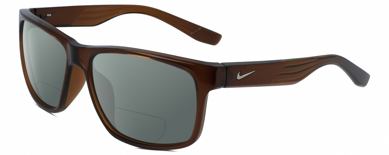 Profile View of NIKE Cruiser-EV0834-220 Designer Polarized Reading Sunglasses with Custom Cut Powered Smoke Grey Lenses in Gloss Oak Brown Crystal Silver Unisex Rectangular Full Rim Acetate 59 mm