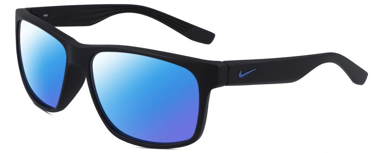 Profile View of NIKE Cruiser-MI-014 Designer Polarized Sunglasses with Custom Cut Blue Mirror Lenses in Matte Black Unisex Rectangular Full Rim Acetate 59 mm