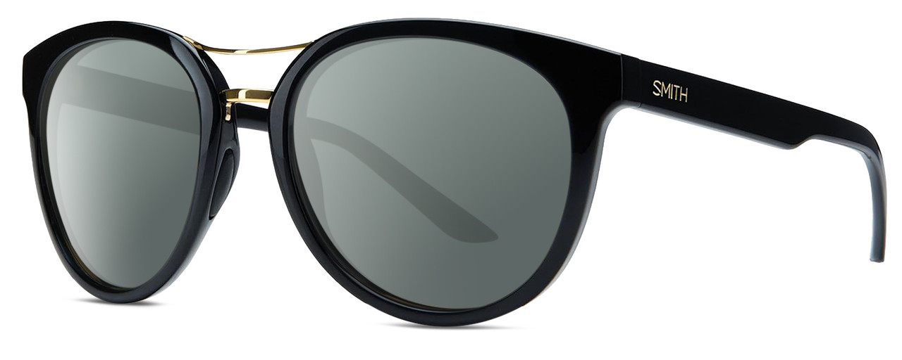 Profile View of Smith Optics Bridgetown Designer Polarized Sunglasses with Custom Cut Smoke Grey Lenses in Gloss Black Gold Ladies Panthos Full Rim Acetate 54 mm