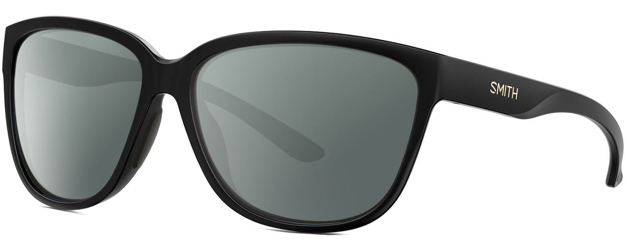 Profile View of Smith Optics Monterey Designer Polarized Sunglasses with Custom Cut Smoke Grey Lenses in Gloss Black Gold Ladies Panthos Full Rim Acetate 58 mm
