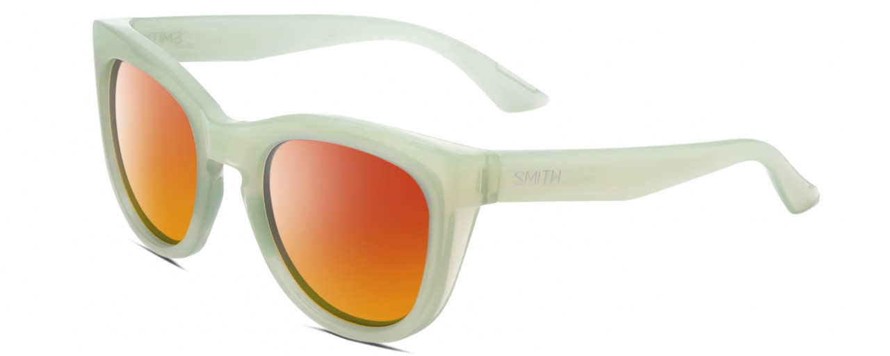 Profile View of Smith Optics Sidney Designer Polarized Sunglasses with Custom Cut Red Mirror Lenses in Gloss Seafoam Green Crystal Ladies Cat Eye Full Rim Acetate 52 mm