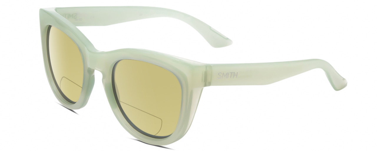 Profile View of Smith Optics Sidney Designer Polarized Reading Sunglasses with Custom Cut Powered Sun Flower Yellow Lenses in Gloss Seafoam Green Crystal Ladies Cat Eye Full Rim Acetate 52 mm