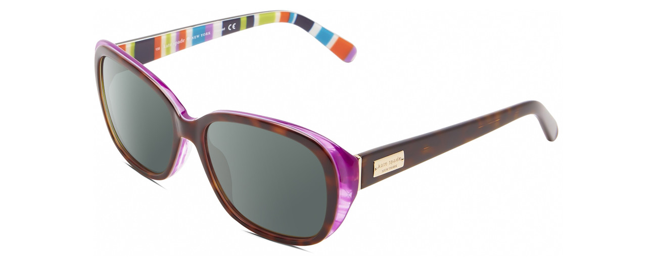 Profile View of Kate Spade HILDE Designer Polarized Sunglasses with Custom Cut Smoke Grey Lenses in Gloss Tortoise Havana Violet Purple Colorful Stripes Ladies Oval Full Rim Acetate 54 mm