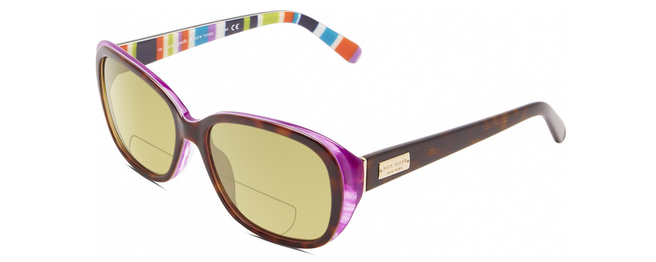 Profile View of Kate Spade HILDE Designer Polarized Reading Sunglasses with Custom Cut Powered Sun Flower Yellow Lenses in Gloss Tortoise Havana Violet Purple Colorful Stripes Ladies Oval Full Rim Acetate 54 mm