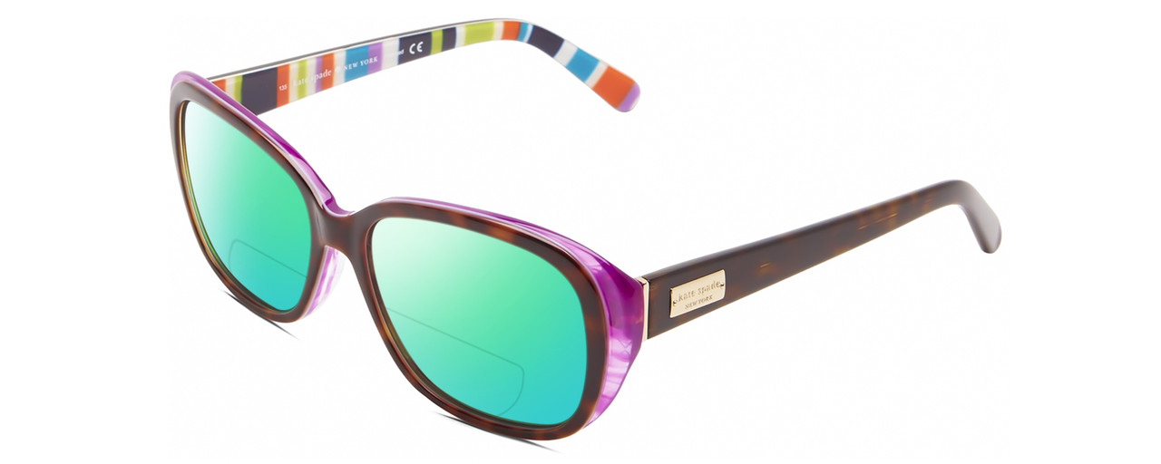 Profile View of Kate Spade HILDE Designer Polarized Reading Sunglasses with Custom Cut Powered Green Mirror Lenses in Gloss Tortoise Havana Violet Purple Colorful Stripes Ladies Oval Full Rim Acetate 54 mm