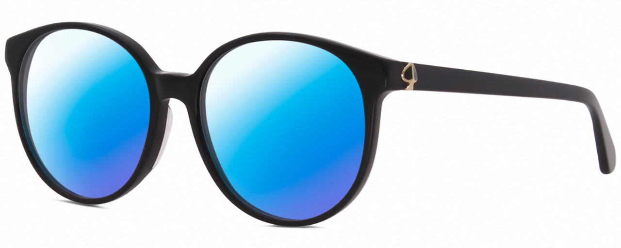 Profile View of Kate Spade ELIZA Designer Polarized Sunglasses with Custom Cut Blue Mirror Lenses in Gloss Black Gold Ladies Round Full Rim Acetate 55 mm