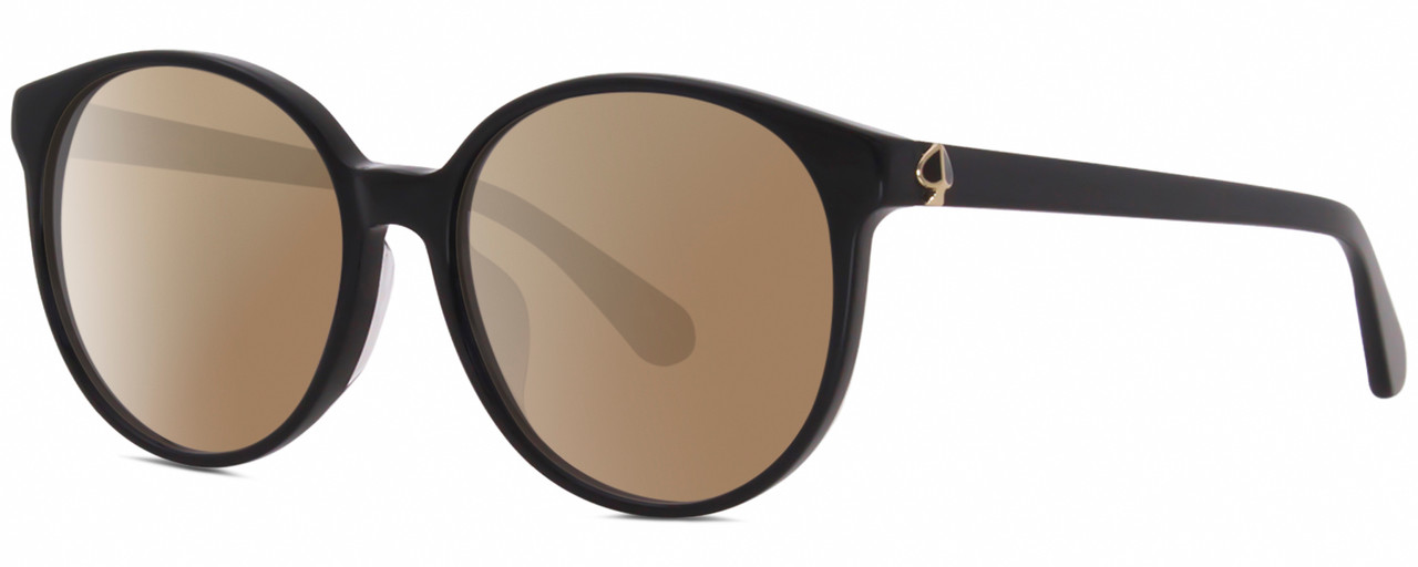 Profile View of Kate Spade ELIZA Designer Polarized Sunglasses with Custom Cut Amber Brown Lenses in Gloss Black Gold Ladies Round Full Rim Acetate 55 mm