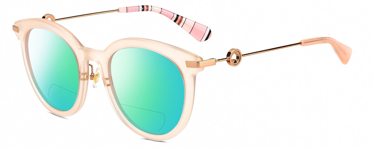 Profile View of Kate Spade KEESEY Designer Polarized Reading Sunglasses with Custom Cut Powered Green Mirror Lenses in Gloss Blush Pink Crystal Rose Gold Black Stripes Ladies Cat Eye Full Rim Acetate 53 mm