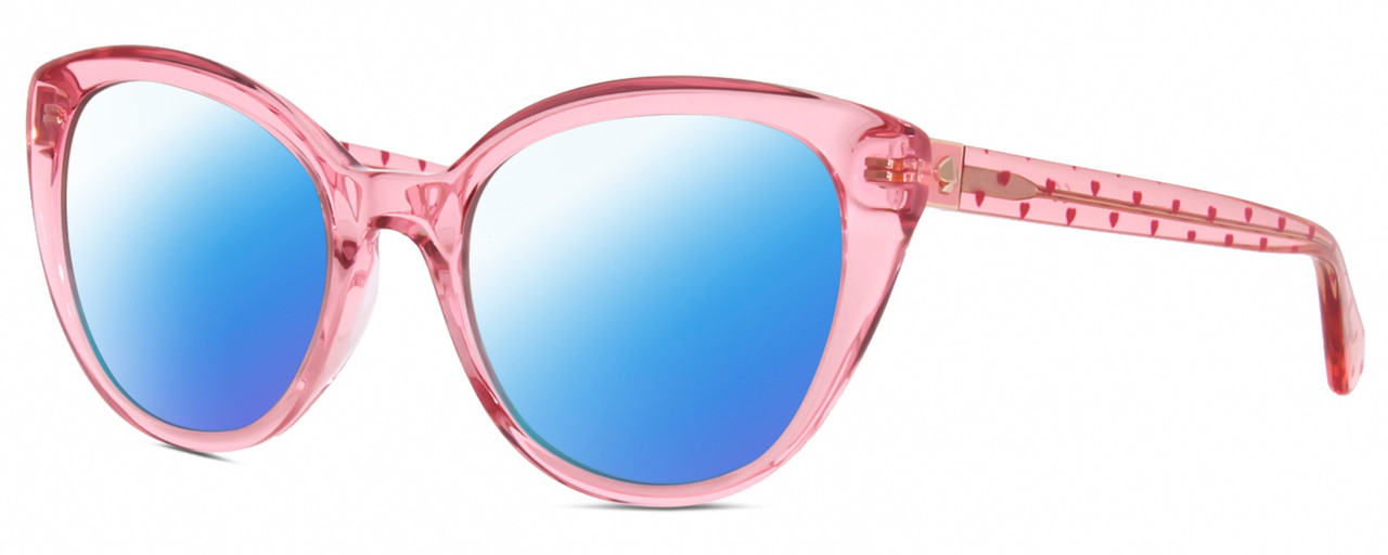 Profile View of Kate Spade AMBERLEE Designer Polarized Sunglasses with Custom Cut Blue Mirror Lenses in Gloss Watermelon Pink Crystal Red Heard Pattern Ladies Cat Eye Full Rim Acetate 55 mm