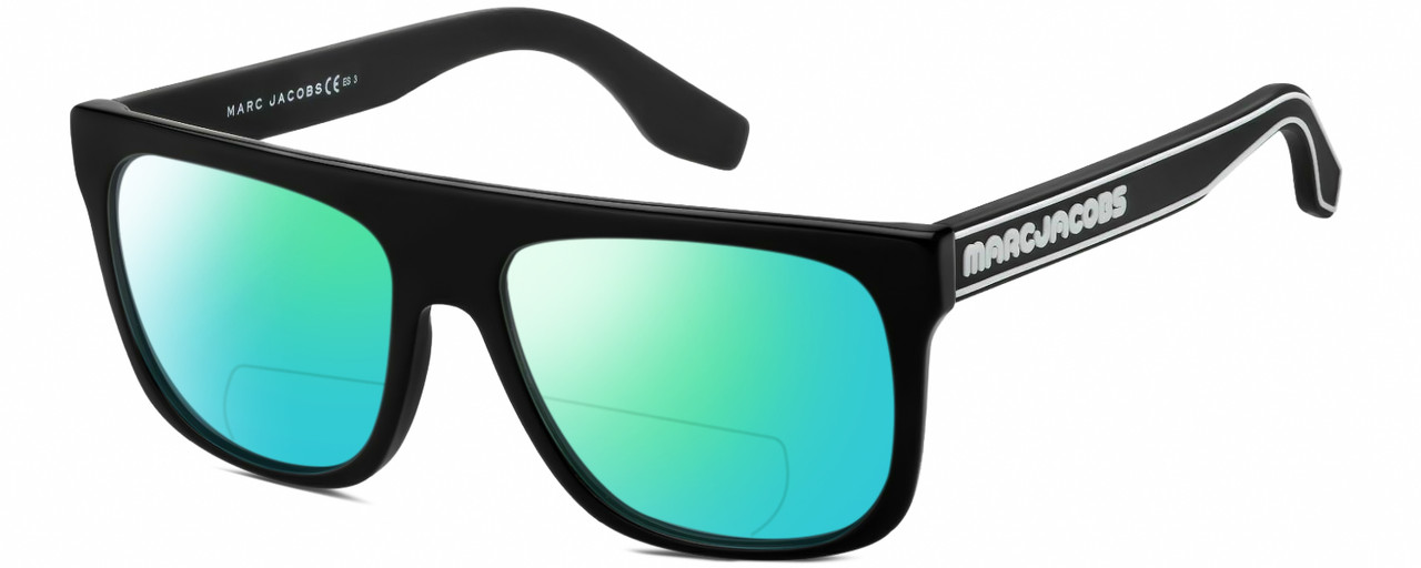 Profile View of Marc Jacobs 357/S Designer Polarized Reading Sunglasses with Custom Cut Powered Green Mirror Lenses in Gloss Black White Unisex Square Full Rim Acetate 56 mm