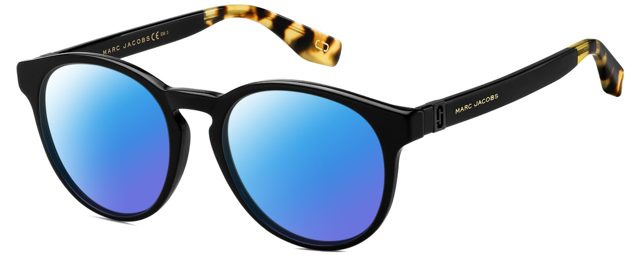 Profile View of Marc Jacobs 351/S Designer Polarized Sunglasses with Custom Cut Blue Mirror Lenses in Gloss Black Tortoise Havana Amber Brown Crystal Unisex Round Full Rim Acetate 52 mm