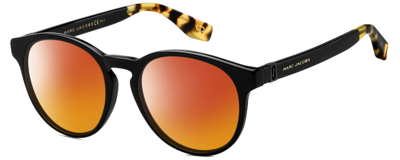 Profile View of Marc Jacobs 351/S Designer Polarized Sunglasses with Custom Cut Red Mirror Lenses in Gloss Black Tortoise Havana Amber Brown Crystal Unisex Round Full Rim Acetate 52 mm