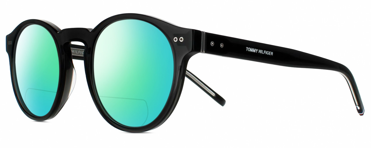 Profile View of Tommy Hilfiger TH 1795/S Designer Polarized Reading Sunglasses with Custom Cut Powered Green Mirror Lenses in Gloss Black Silver Unisex Round Full Rim Acetate 50 mm