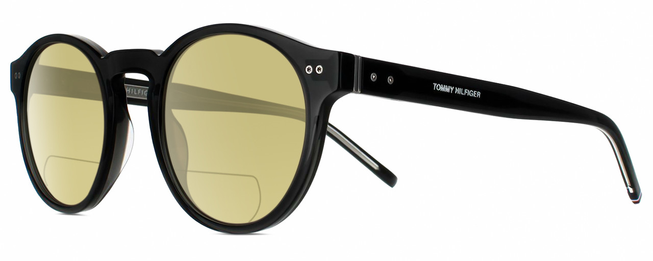 Profile View of Tommy Hilfiger TH 1795/S Designer Polarized Reading Sunglasses with Custom Cut Powered Sun Flower Yellow Lenses in Gloss Black Silver Unisex Round Full Rim Acetate 50 mm
