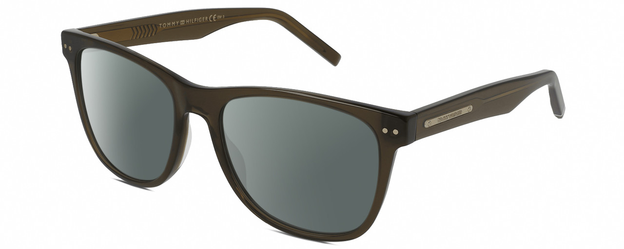 Profile View of Tommy Hilfiger TH 1712/S Designer Polarized Sunglasses with Custom Cut Smoke Grey Lenses in Dark Brown Crystal Unisex Square Full Rim Acetate 54 mm