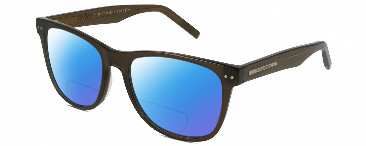 Profile View of Tommy Hilfiger TH 1712/S Designer Polarized Reading Sunglasses with Custom Cut Powered Blue Mirror Lenses in Dark Brown Crystal Unisex Square Full Rim Acetate 54 mm