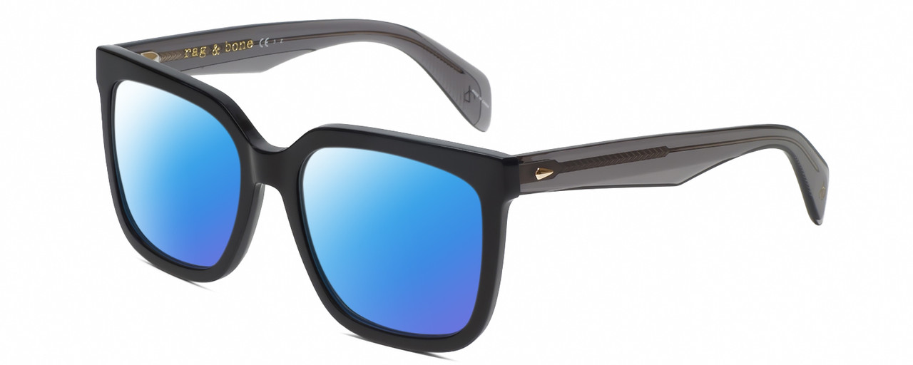 Profile View of Rag&Bone RNB1018/S Designer Polarized Sunglasses with Custom Cut Blue Mirror Lenses in Gloss Black Grey Crystal Ladies Square Full Rim Acetate 56 mm