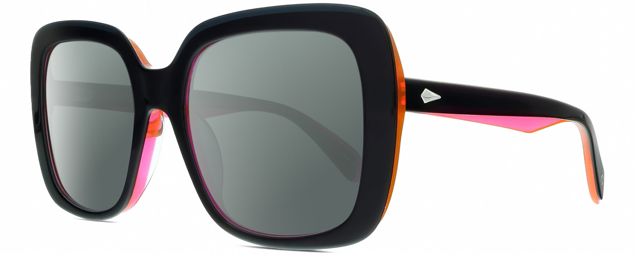 Profile View of Rag&Bone RNB1033/G/S Designer Polarized Sunglasses with Custom Cut Smoke Grey Lenses in Gloss Black Neon Orange-Pink Crystal Ladies Butterfly Full Rim Acetate 55 mm