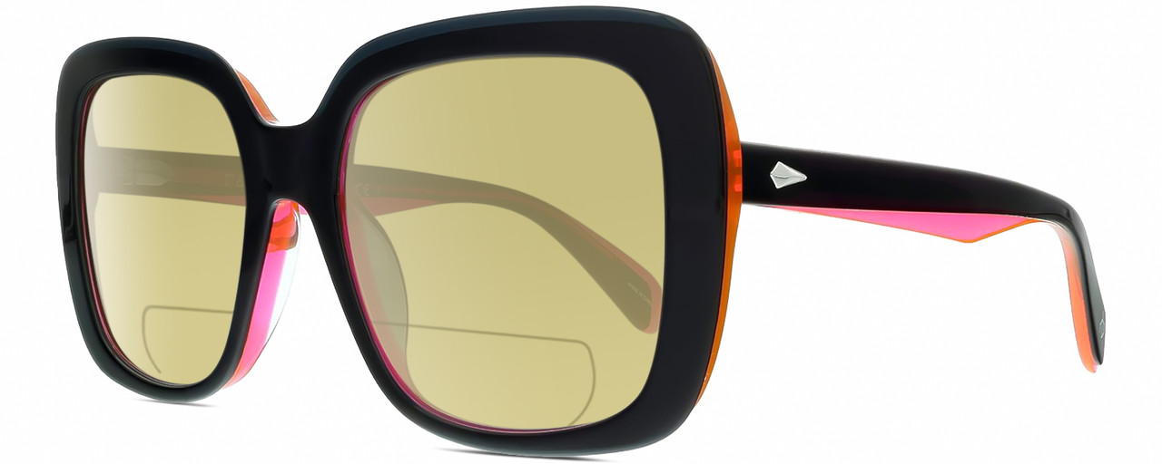 Profile View of Rag&Bone RNB1033/G/S Designer Polarized Reading Sunglasses with Custom Cut Powered Sun Flower Yellow Lenses in Gloss Black Neon Orange-Pink Crystal Ladies Butterfly Full Rim Acetate 55 mm