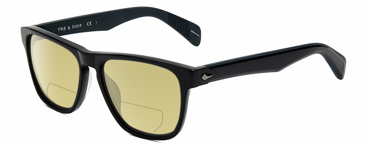 Profile View of Rag&Bone RNB5031/G/S Designer Polarized Reading Sunglasses with Custom Cut Powered Sun Flower Yellow Lenses in Gloss Black Iron Grey Unisex Square Full Rim Acetate 56 mm