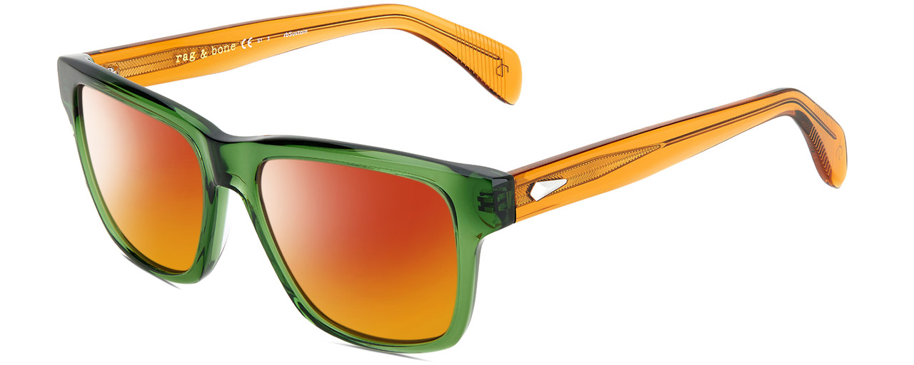 Profile View of Rag&Bone RNB5041/S Designer Polarized Sunglasses with Custom Cut Red Mirror Lenses in Pine Green Burnt Orange Crystal Unisex Cat Eye Full Rim Acetate 54 mm