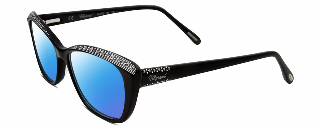 Profile View of Chopard VCH229S Designer Polarized Sunglasses with Custom Cut Blue Mirror Lenses in Gloss Black Silver Gemstone Accents White Ladies Cat Eye Full Rim Acetate 54 mm
