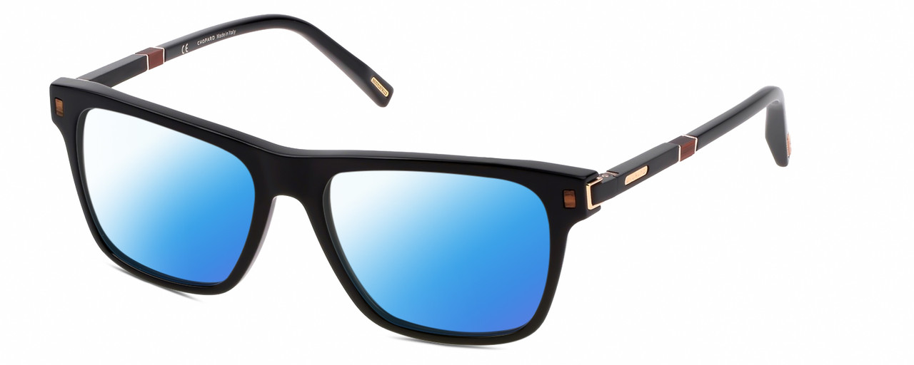 Profile View of Chopard SCH312 Designer Polarized Sunglasses with Custom Cut Blue Mirror Lenses in Gloss Black Grey Brown Wood Gold Unisex Panthos Full Rim Acetate 53 mm