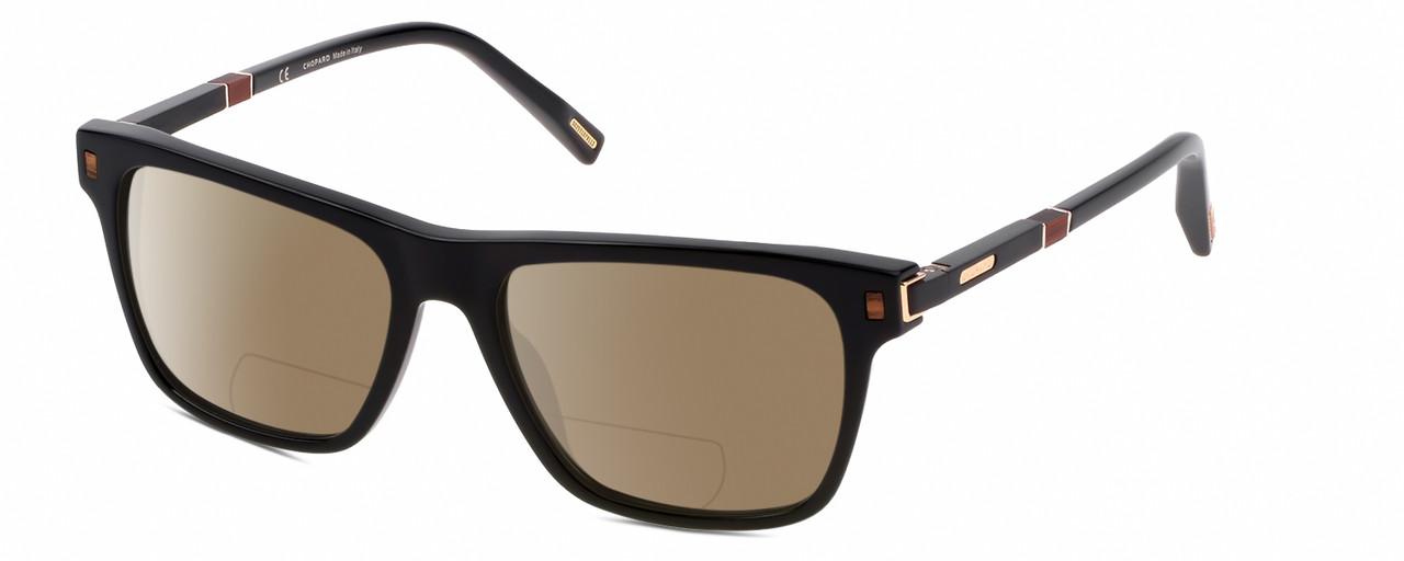Profile View of Chopard SCH312 Designer Polarized Reading Sunglasses with Custom Cut Powered Amber Brown Lenses in Gloss Black Grey Brown Wood Gold Unisex Panthos Full Rim Acetate 53 mm