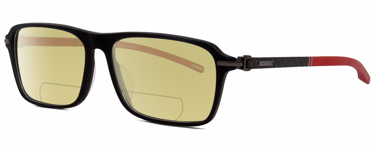 Profile View of Chopard VCH310 Designer Polarized Reading Sunglasses with Custom Cut Powered Sun Flower Yellow Lenses in Gloss Black Gold Grey Unisex Rectangular Full Rim Acetate 52 mm