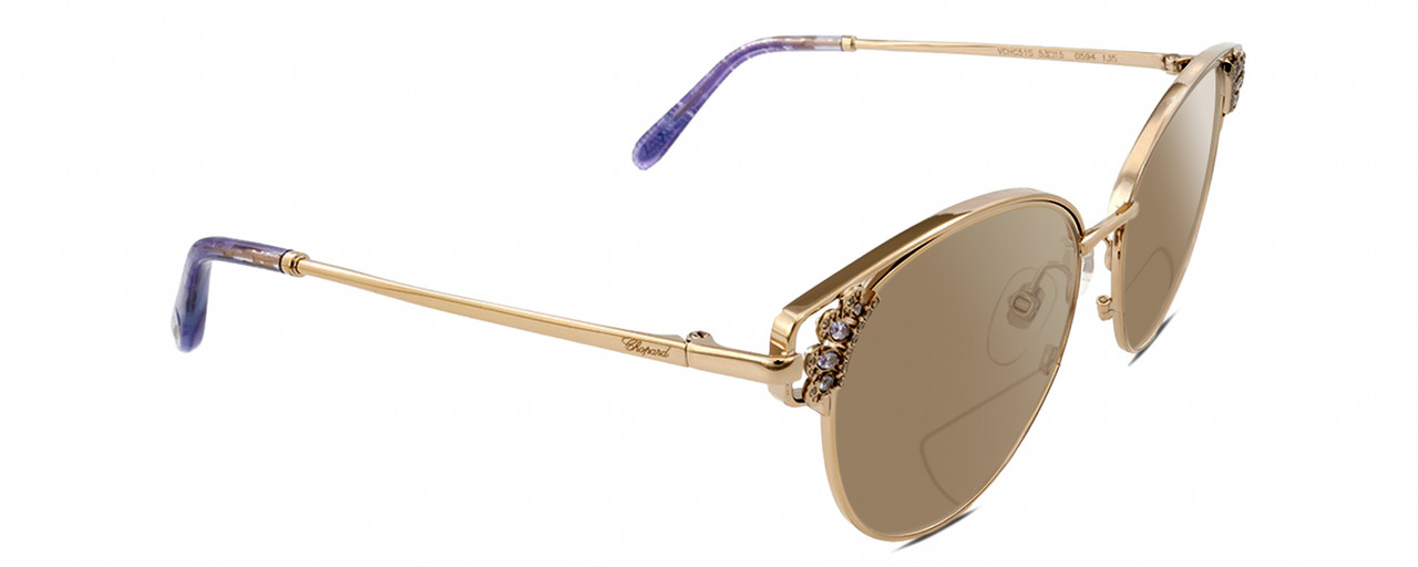 Profile View of Chopard VCHC51S Designer Polarized Reading Sunglasses with Custom Cut Powered Amber Brown Lenses in Shiny 23KT Gold Plated Silver Gemstone Accents Lilac Purple Glitter Ladies Cat Eye Full Rim Metal 54 mm