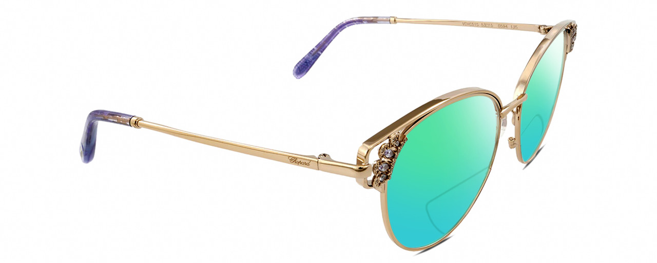 Profile View of Chopard VCHC51S Designer Polarized Reading Sunglasses with Custom Cut Powered Green Mirror Lenses in Shiny 23KT Gold Plated Silver Gemstone Accents Lilac Purple Glitter Ladies Cat Eye Full Rim Metal 54 mm