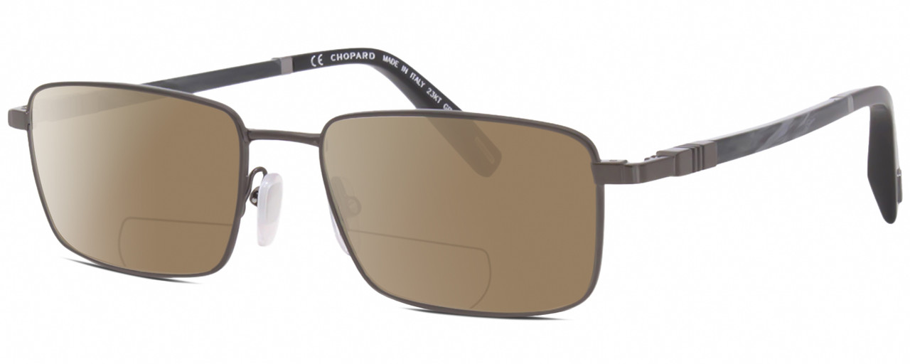 Profile View of Chopard VCHF28 Designer Polarized Reading Sunglasses with Custom Cut Powered Amber Brown Lenses in Shiny Gunmetal Grey Black Mens Rectangular Full Rim Metal 53 mm