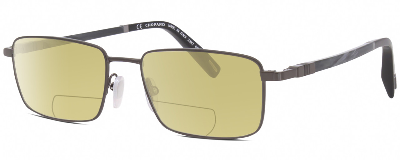 Profile View of Chopard VCHF28 Designer Polarized Reading Sunglasses with Custom Cut Powered Sun Flower Yellow Lenses in Shiny Gunmetal Grey Black Mens Rectangular Full Rim Metal 53 mm