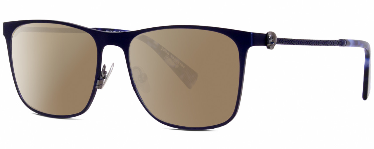 Profile View of John Varvatos V182 Designer Polarized Sunglasses with Custom Cut Amber Brown Lenses in Matte Navy Blue Gunmetal Skull Accents Unisex Square Full Rim Metal 55 mm