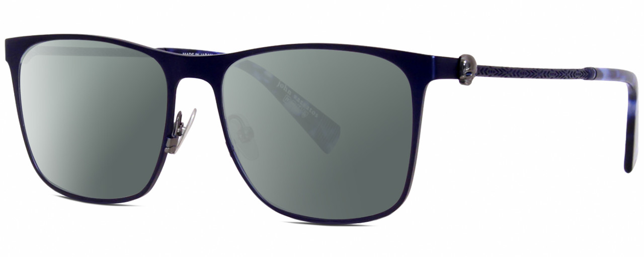 Profile View of John Varvatos V182 Designer Polarized Sunglasses with Custom Cut Smoke Grey Lenses in Matte Navy Blue Gunmetal Skull Accents Unisex Square Full Rim Metal 55 mm