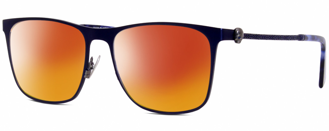 Profile View of John Varvatos V182 Designer Polarized Sunglasses with Custom Cut Red Mirror Lenses in Matte Navy Blue Gunmetal Skull Accents Unisex Square Full Rim Metal 55 mm