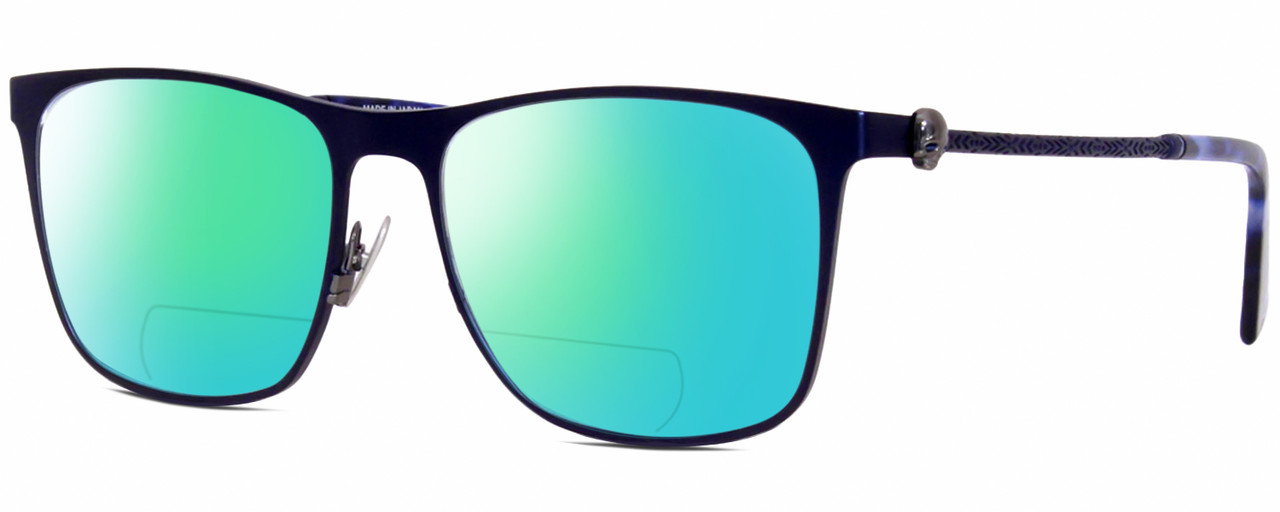 Profile View of John Varvatos V182 Designer Polarized Reading Sunglasses with Custom Cut Powered Green Mirror Lenses in Matte Navy Blue Gunmetal Skull Accents Unisex Square Full Rim Metal 55 mm