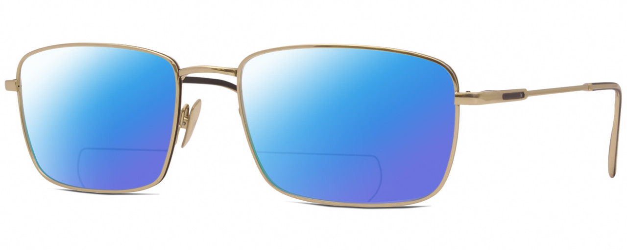 Profile View of John Varvatos V184 Designer Polarized Reading Sunglasses with Custom Cut Powered Blue Mirror Lenses in Shiny Gold Matte Black Unisex Rectangular Full Rim Metal 54 mm