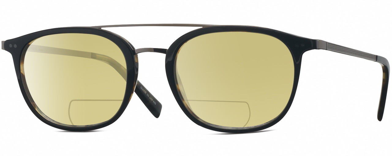 Profile View of John Varvatos V378 Designer Polarized Reading Sunglasses with Custom Cut Powered Sun Flower Yellow Lenses in Gloss Black Brown Tortoise Havana 2-Tone Gunmetal Unisex Panthos Full Rim Acetate 49 mm