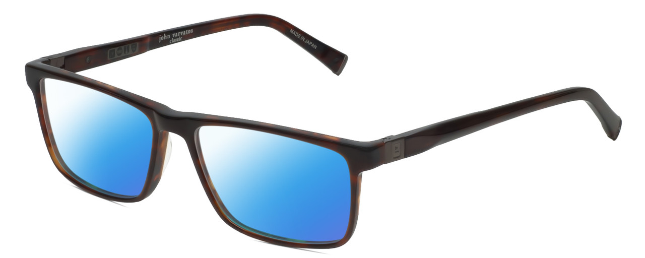 Profile View of John Varvatos V404 Designer Polarized Sunglasses with Custom Cut Blue Mirror Lenses in Gloss Dark Brown Demi Tortoise Havana Gunmetal Unisex Rectangular Full Rim Acetate 56 mm