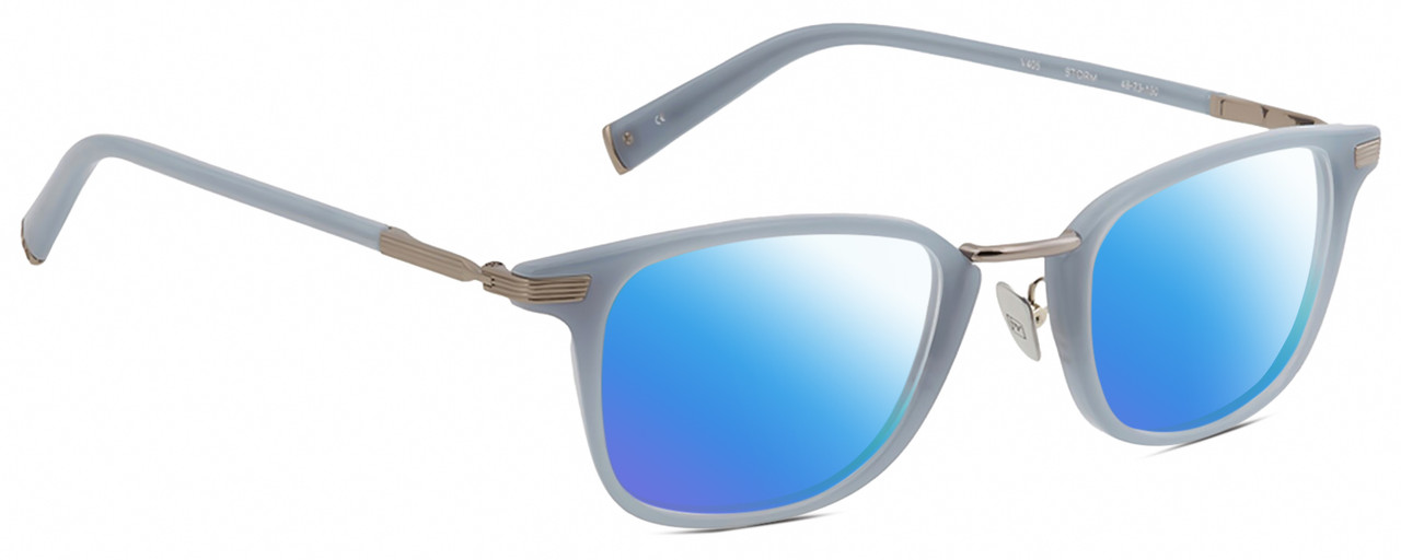 Profile View of John Varvatos V405 Designer Polarized Sunglasses with Custom Cut Blue Mirror Lenses in Gloss Sky Blue Gunmetal Unisex Panthos Full Rim Acetate 48 mm