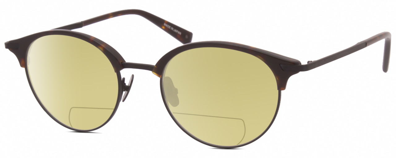 Profile View of John Varvatos V407 Designer Polarized Reading Sunglasses with Custom Cut Powered Sun Flower Yellow Lenses in Dark Brown Tortoise Havana Black Unisex Panthos Full Rim Metal 50 mm