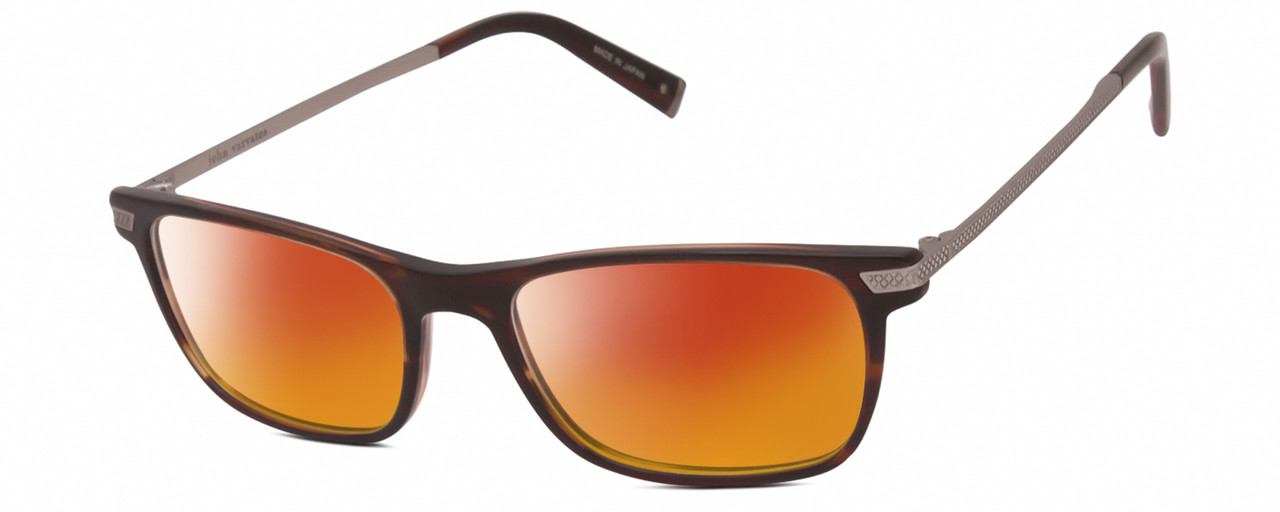 Profile View of John Varvatos V412 Designer Polarized Sunglasses with Custom Cut Red Mirror Lenses in Gloss Dark Brown Auburn Marble Silver Unisex Rectangular Full Rim Acetate 54 mm