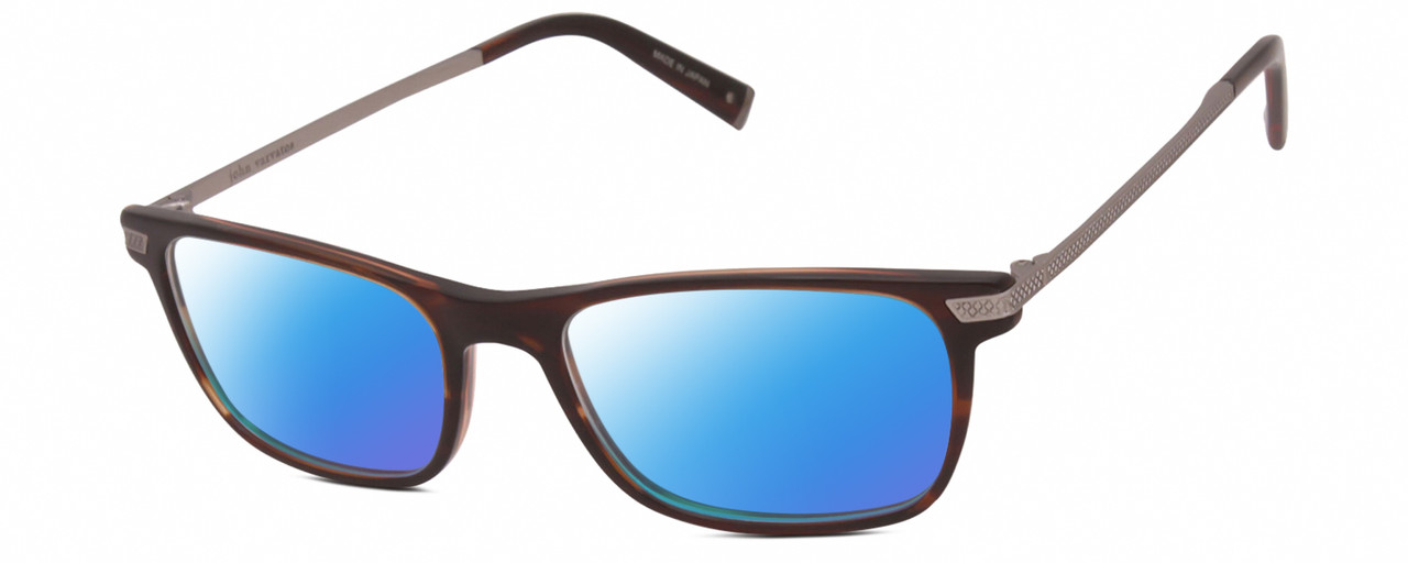 Profile View of John Varvatos V412 Designer Polarized Sunglasses with Custom Cut Blue Mirror Lenses in Gloss Dark Brown Auburn Marble Silver Unisex Rectangular Full Rim Acetate 54 mm