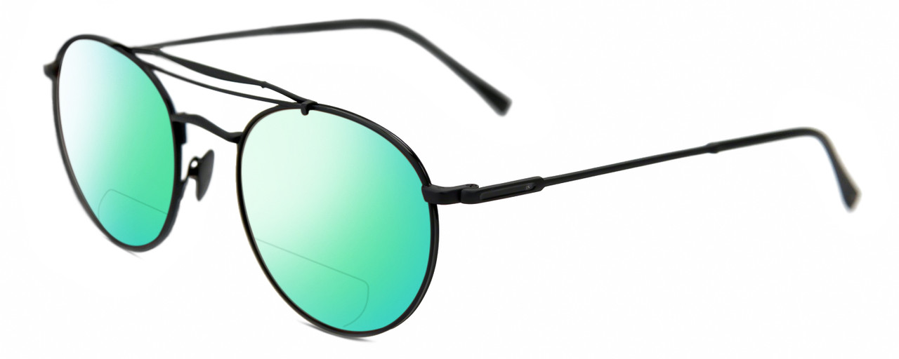 Profile View of John Varvatos V547 Designer Polarized Reading Sunglasses with Custom Cut Powered Green Mirror Lenses in Matte Black Unisex Pilot Full Rim Metal 52 mm