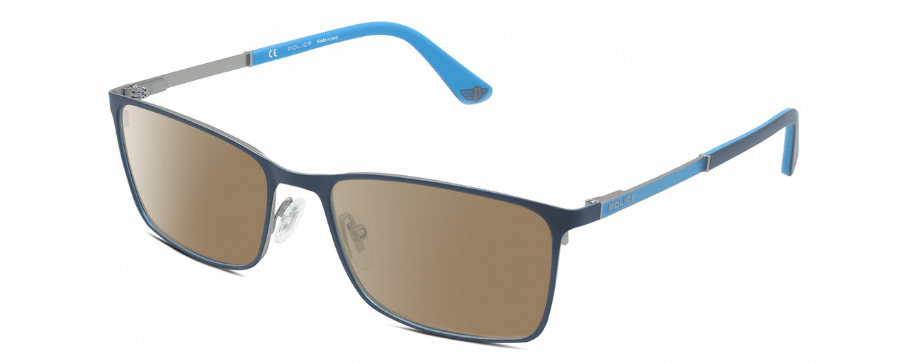 Profile View of Police VPLA46 Designer Polarized Sunglasses with Custom Cut Amber Brown Lenses in Matte Navy Blue Cyan Silver Unisex Rectangular Full Rim Metal 56 mm